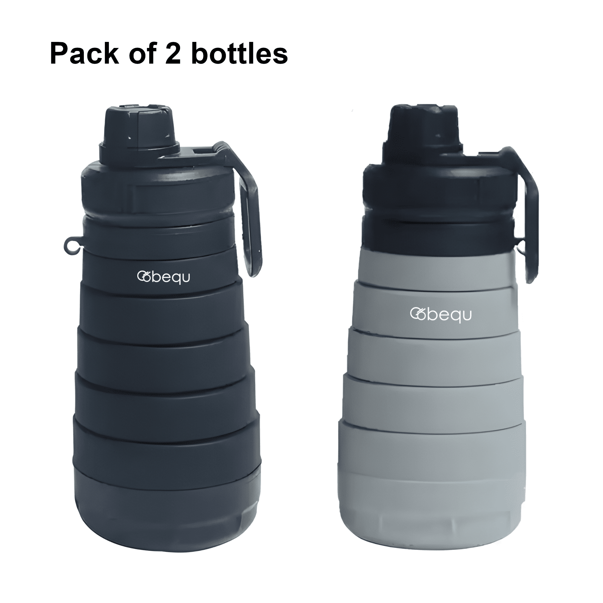 BEQU 750ml/25 Fl Oz Collapsible Silicone Water Bottle with Pills Storage Base, Reusable, BPA Free, Odorless, Dishwasher-Safe, Portable, Leak Proof for Sports Home Travel Office (2PK Black-Gray)