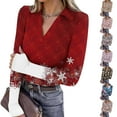 thumbnail image 5 of Women's Fashion Casual Christmas Print V-Neck Long Sleeve Fitted Button-Down Polo Shirt Top, Holiday Blouse, Slim Fit Collared T-Shirt,Pink,2XL, 5 of 8