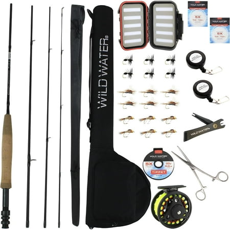 Wild Water Deluxe Fly Fishing Combo Starter Kit 7-Foot Pole 4-Piece Fly Rod Kit 3/4 Weight Fishing Accessories Includes Die cast Aluminum Reel and Hard Tube Case with Pouch Fly Box and Flies