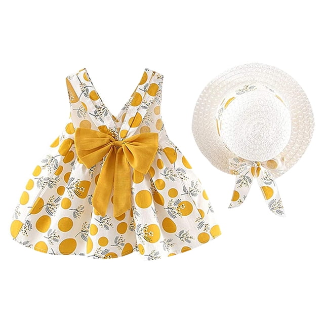 B91xZ Bambin Filles Robes Col Rond Volant une Ligne Flowy Partie Midi Robe, Jaune 12-18 Mois