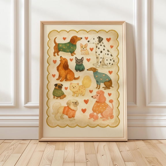Vintage Dog Breeds Whimsical Puppy Art Print, Unframed Paper Print Size 8x12