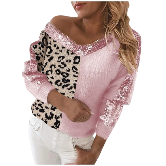 Sweaters for women Women'S V Neck Sequin Stitching Leopard Print Temperament Pullover Long Sleeved Sweater christmas sweater women