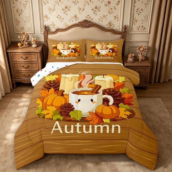 Erosebridal Autumn Leaves Full Size Comforter Sets 3-Piece,Happy Fall Bedding Comforter Set,Brown,Reversible,1 Comforter and 2 Pillowcases