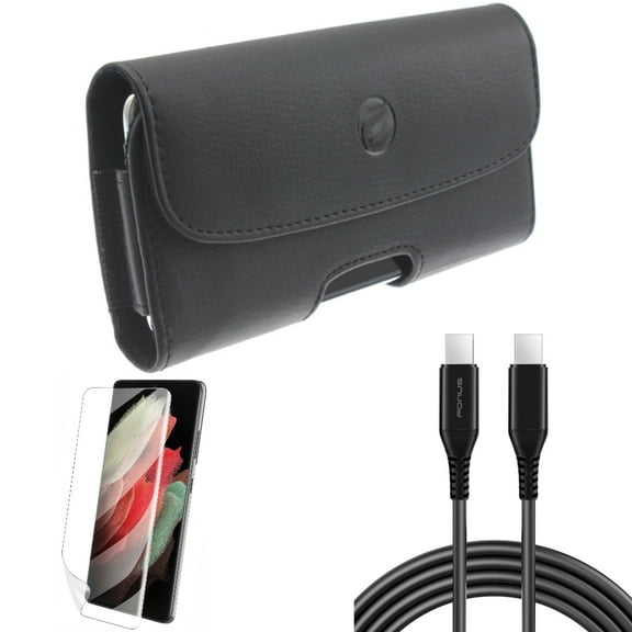Matte Screen Protector w 10ft Long USB-C Cable w Case Belt Clip for Samsung Galaxy S21 Plus - TPU Film Anti-Glare, PD Fast Charger Cord Power, Leather Holster Accessory Bundle