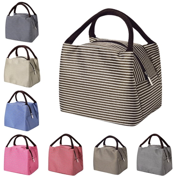 Lunch Box Insulated Reusable Portable Stripe Oxford cloth Lunch Bag Leakproof Cooler Bag for School Lunches Work Lunches Outdoor Picnics Lunch Box for Women Men (Brown)