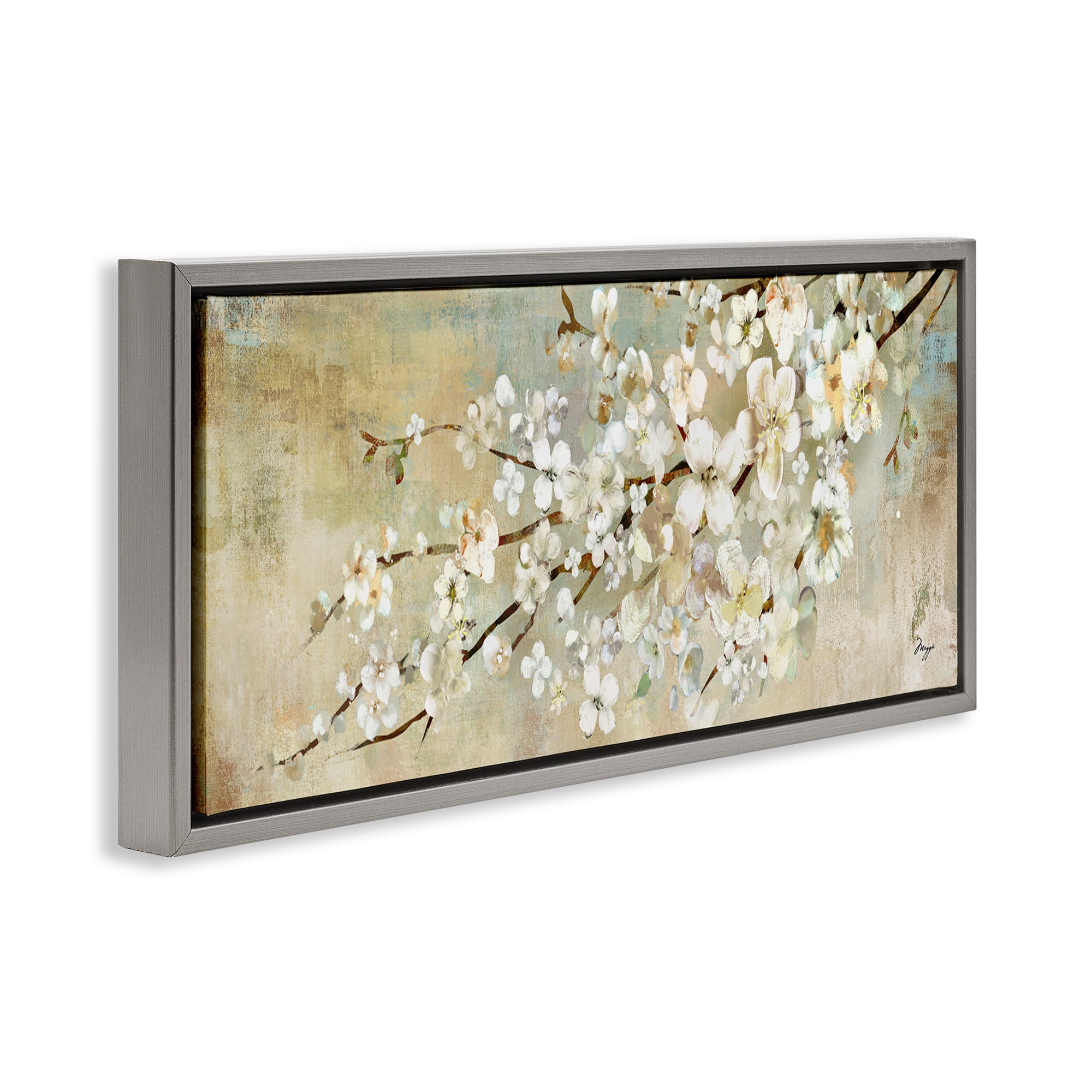 Stupell Industries Blooming Flower Tree Branch Painting Botanical & Floral Painting Gray Floater Framed Canvas Art Print Wall Art, 25 x 11