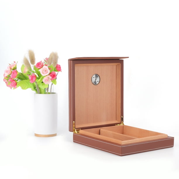 Caja De Hidratación De Cigarros, Con Higrómetro Y Humidificador De Madera Marrón Y Cuero Para El Sabor Puro Y El Sabor Del Cigarro