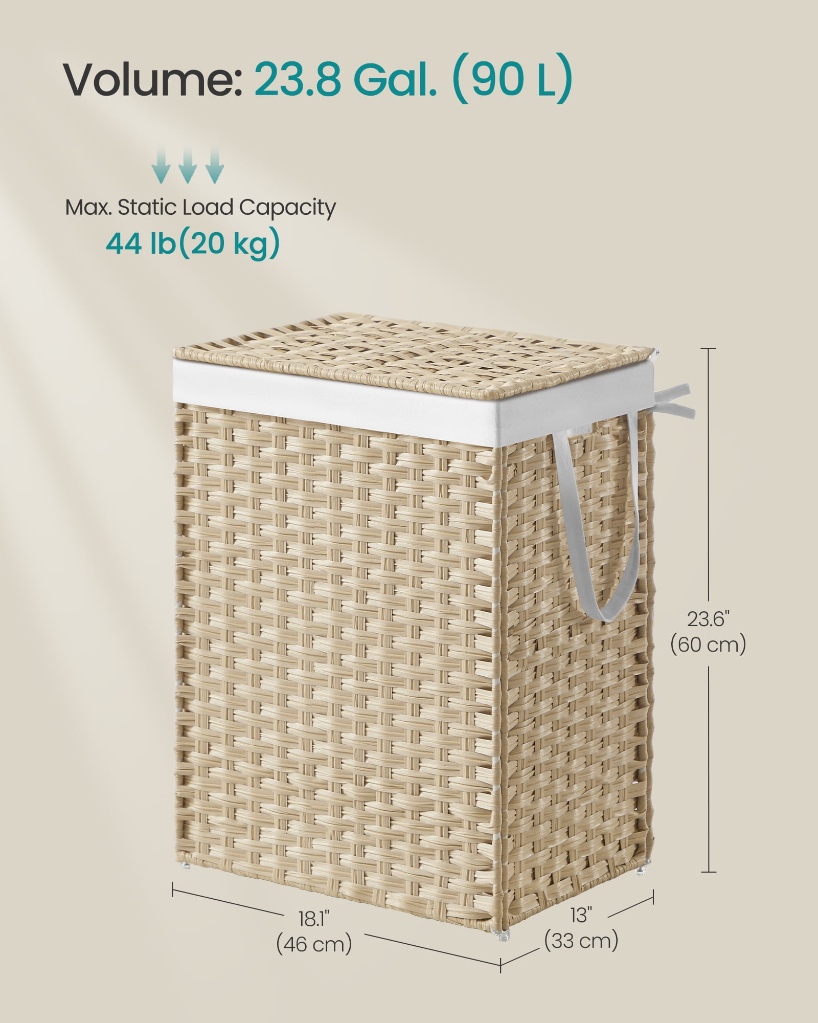 SONGMICS Laundry Hamper with Lid, 23.8 Gallon (90 L) Synthetic Rattan Clothes Laundry Basket with Lid and Handles, Foldable, Removable Liner, Summer Sand