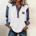 thumbnail image 2 of Women's Waffle Knit Denim Trim Collared Pullover Vintage Half Button Long Sleeve Casual Jean Tops, #02 Light Brown, M, 2 of 7
