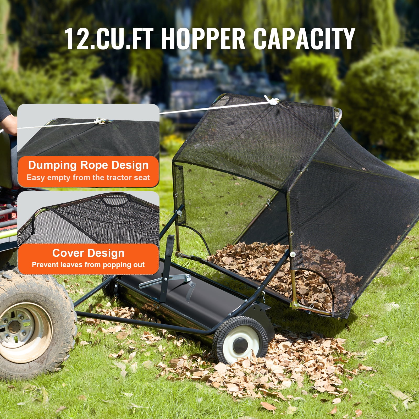 KFFKFF 42-inch Tow-Behind Lawn Sweeper, 12 Cu.ft. Spacious Pull Behind Grass Collector, Robust Leaf & Grass Sweeper with Innovative Dumping Rope Mechanism, Customizable Sweeping Height for Gathering
