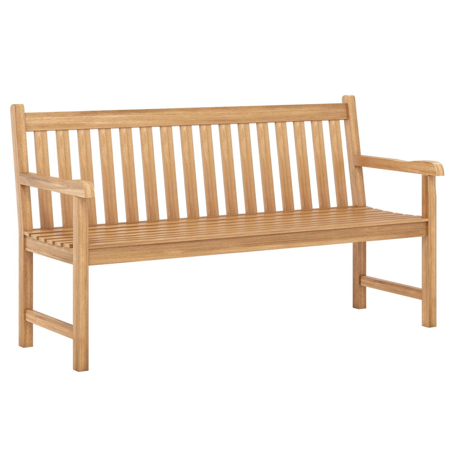 Hommoo 2-Person Patio Teak Wood Bench, Garden Slatted Loveseat Chair Bench Lounge with Armrests and Backrest for Backyard, Natural