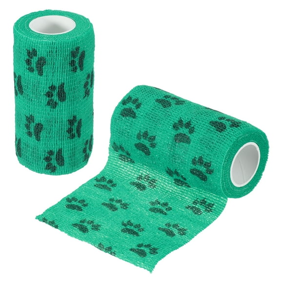 Uxcell Pet Wrap Bandages, 4 Inch 5 Yard Self Adhesive Bandage Wrap, Pet Non-Woven Tape First Aid Cohesive Gauze, (Green/Paw, 2 Pcs)