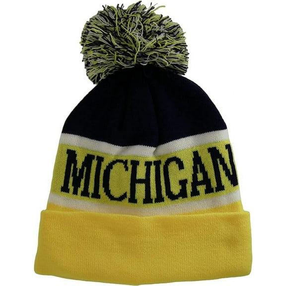 Michigan Wide Stripe Winter Knit Pom Beanie Hat (Dark Blue/Gold)