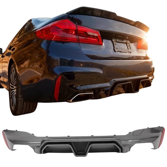 Ikon Motorsports Rear Diffuser Spoiler Compatible with 2017-2023 BMW 5 Series G30 Sedan M Sport Bumper, F90 M5 CS Style Carbon Fiber Print PP