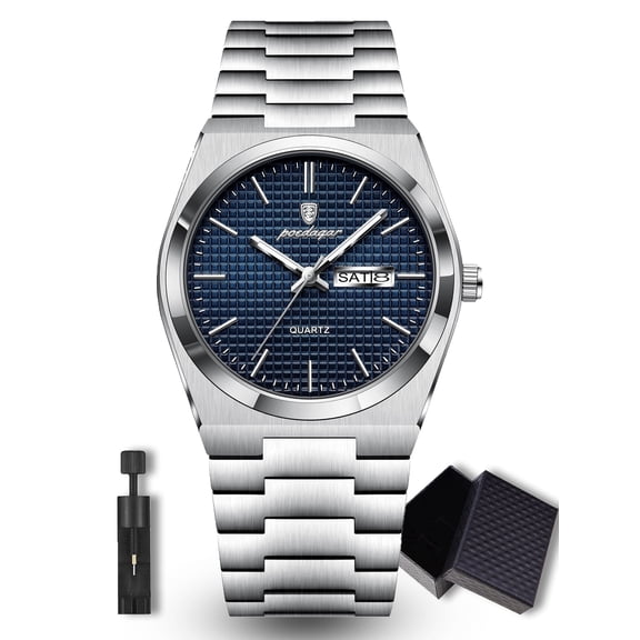 POEDAGAR Business Men's Stainless Steel Waterproof Luminous Quartz Watches with Dual Calendar Display
