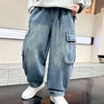 thumbnail image 3 of Sentuca Boys Baggy Jeans Straight Wide Leg Denim Cargo Pants with Pockets Casual Elastic Waist Loose Y2k Fashion Streetwear Kids Trousers Size 5-6Y, 3 of 7