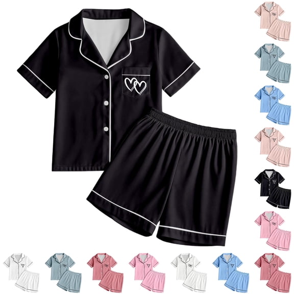 LIIPEE Girls Pajamas Kids Casual Summer Cute Heart Print Flat Collar Short Sleeve Button Down Shirts And Shorts Sleepwear 2 Piece Set Comfortable Daily Fashion Nightwear,10-11 Years