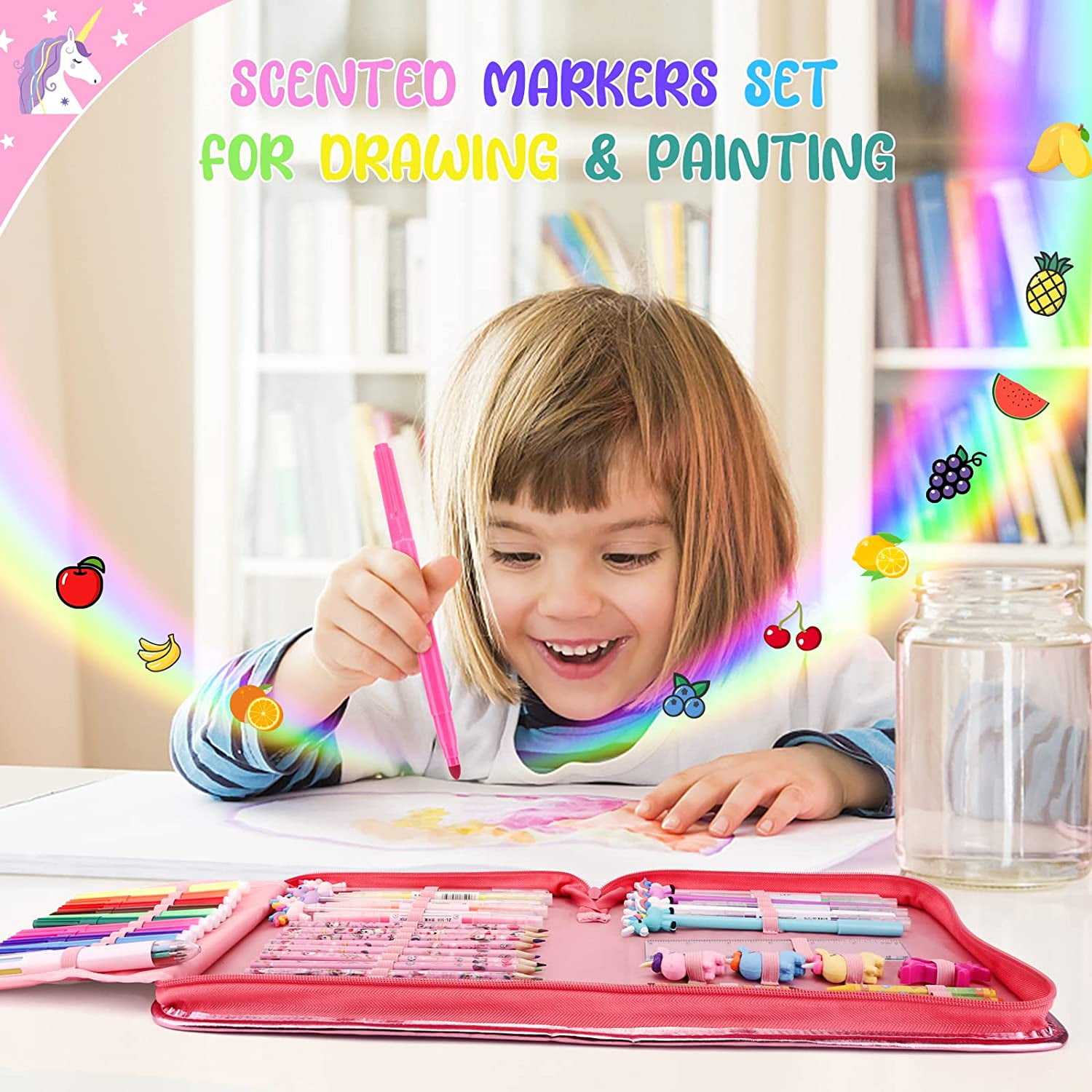 Reductus Fruit Scented Washable Markers Set for Kids with Unicorn Pencil Case, 48pcs Art Supplies for Kids Age 4-6-8, Perfect Birthday Unicorns Gifts