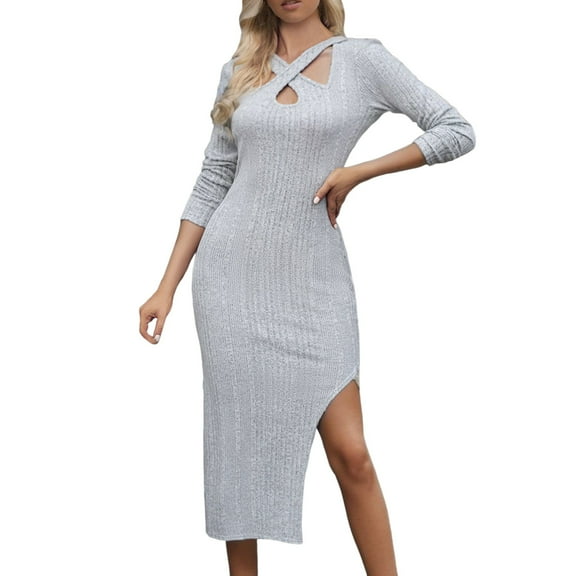 Sngxgn Women's Classic Long Sleeve V Neck Sheath Casual Party Dress(Grey,M)