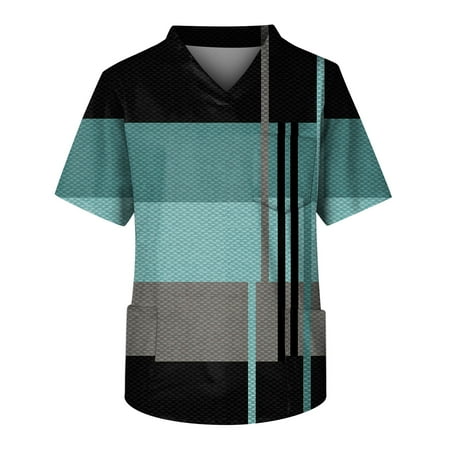 

HHei_K Black Scrubs Men s Short Sleeve V Neck Small Animals Print Chest Pocket Carer Top