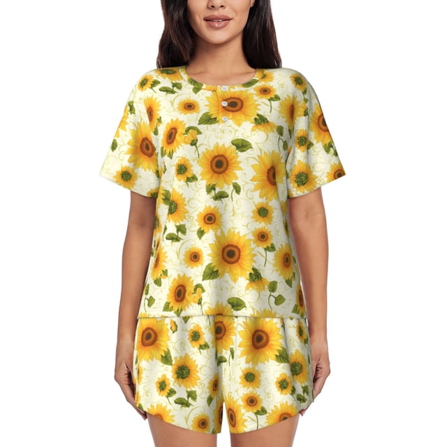 Fotbe European-style Pattern Sunflower Conjunto de Pijama Estampado para Mujer, 2 Piezas, Ropa de Dormir con Camiseta de Manga Corta y Shorts Suaves-Small