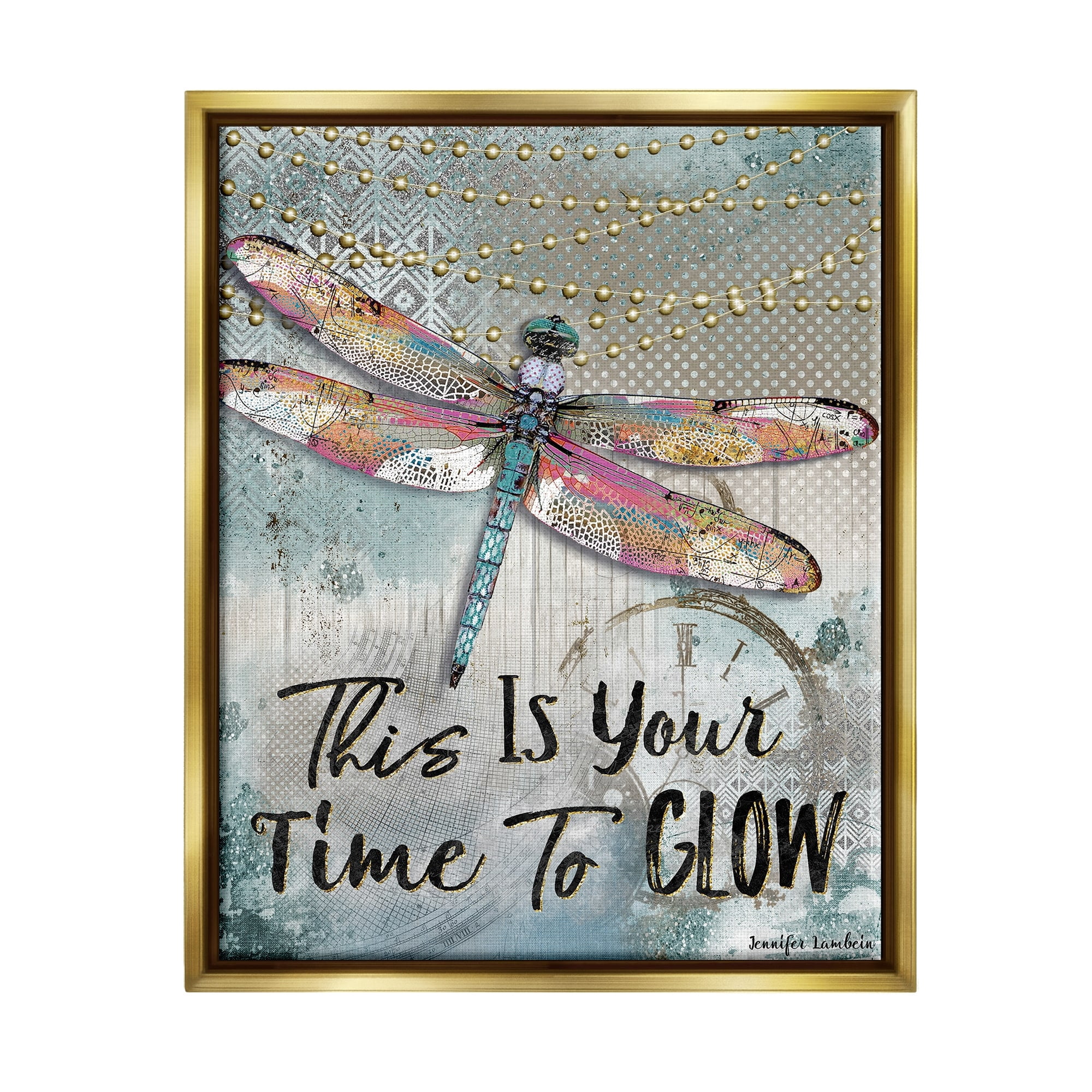 Stupell Industries Blue Lights This Is Your Time To Glow Inspirational Dragonfly Metallic Gold Framed Floating Canvas Wall Art, 16x20, by Jennifer Lambein