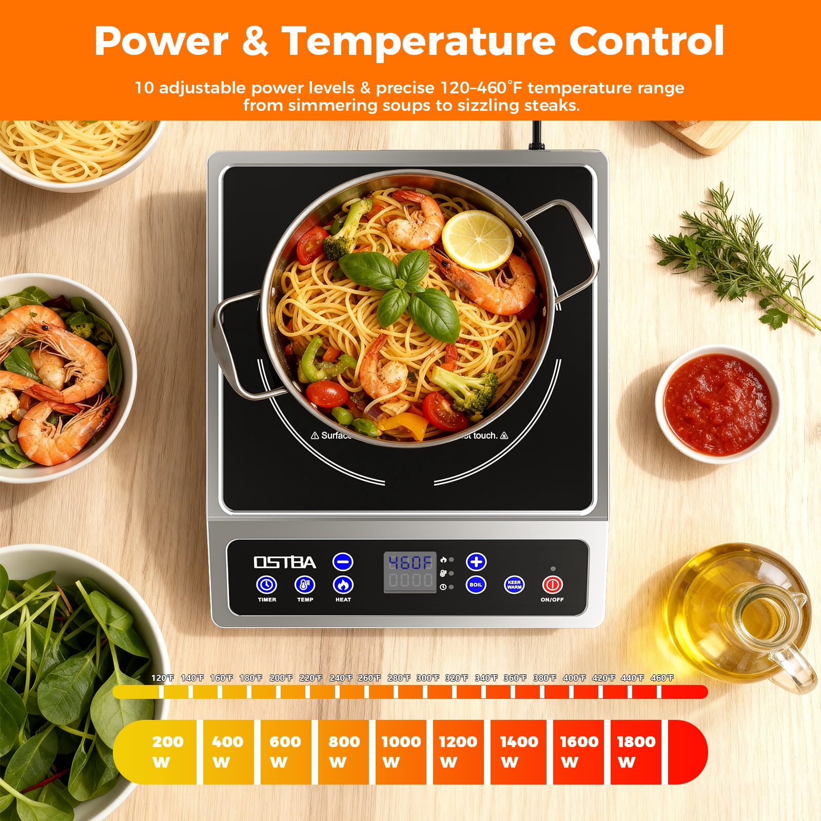 OSTBA 1800W Stainless Steel Induction Cooktop , Professional Commercial Countertop Induction Burner with 10″ Heating Coil, 10 Power Levels, 120–460°F Temp Control, 3-Hour Timer & Keep Warm