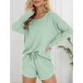 thumbnail image 6 of FEOYA Waffle Pajamas for Women Set Knit Lounge Sleepwear Outfits Ribbed Pajamas Long Sleeve Top Shorts 2 Piece Loungewear Sweatsuit with Pockets M Green, 6 of 7