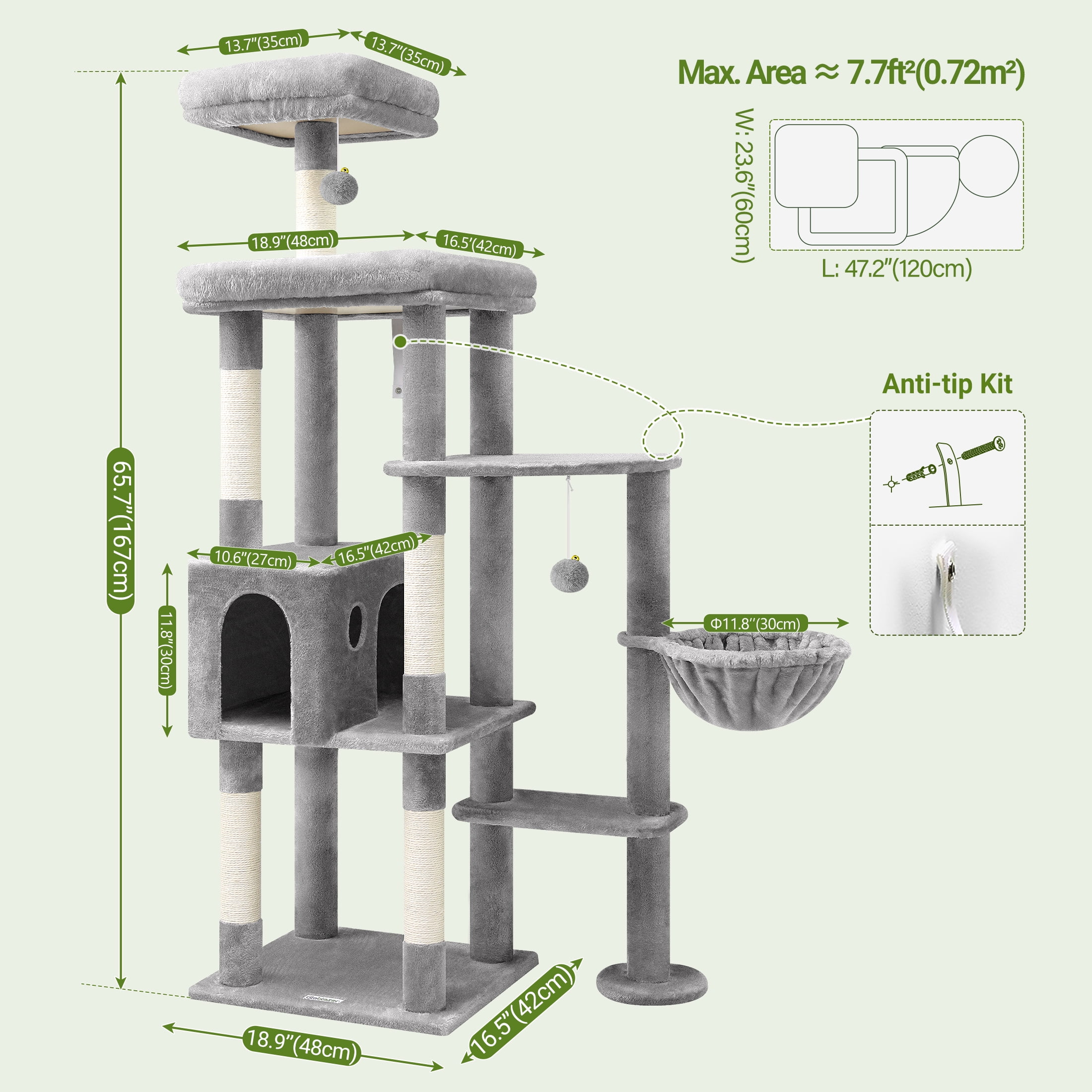 CT66F Extra Large Cat Tree | 65" Tall Indoor Cat Tower for Large Adults, Featuring 5 Scratching Posts, 2 Perches, Spacious Condo, and Hanging Basket in Light Grey