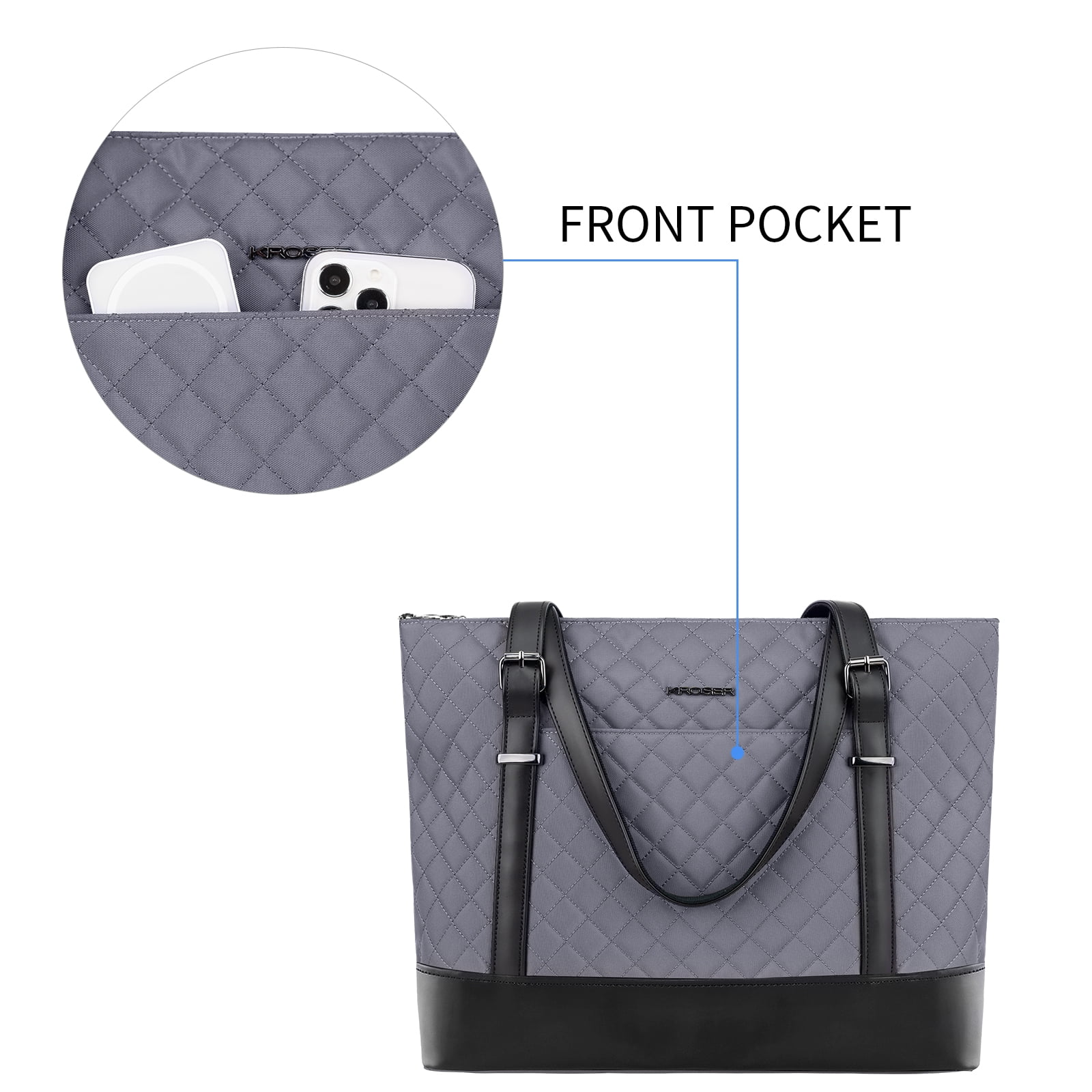 KROSER 15.6-Inch Laptop Tote Bag Polyester Quilt Gray