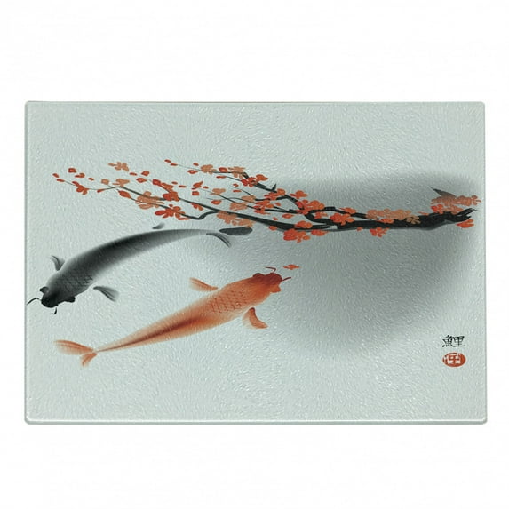 Japanese Cutting Board, Koi Carp Fish Couple Swimming Cherry Blossom Sakura Branch Culture Design, Decorative Tempered Glass Cutting and Serving Board, Small Size, Orange Grey, by Ambesonne
