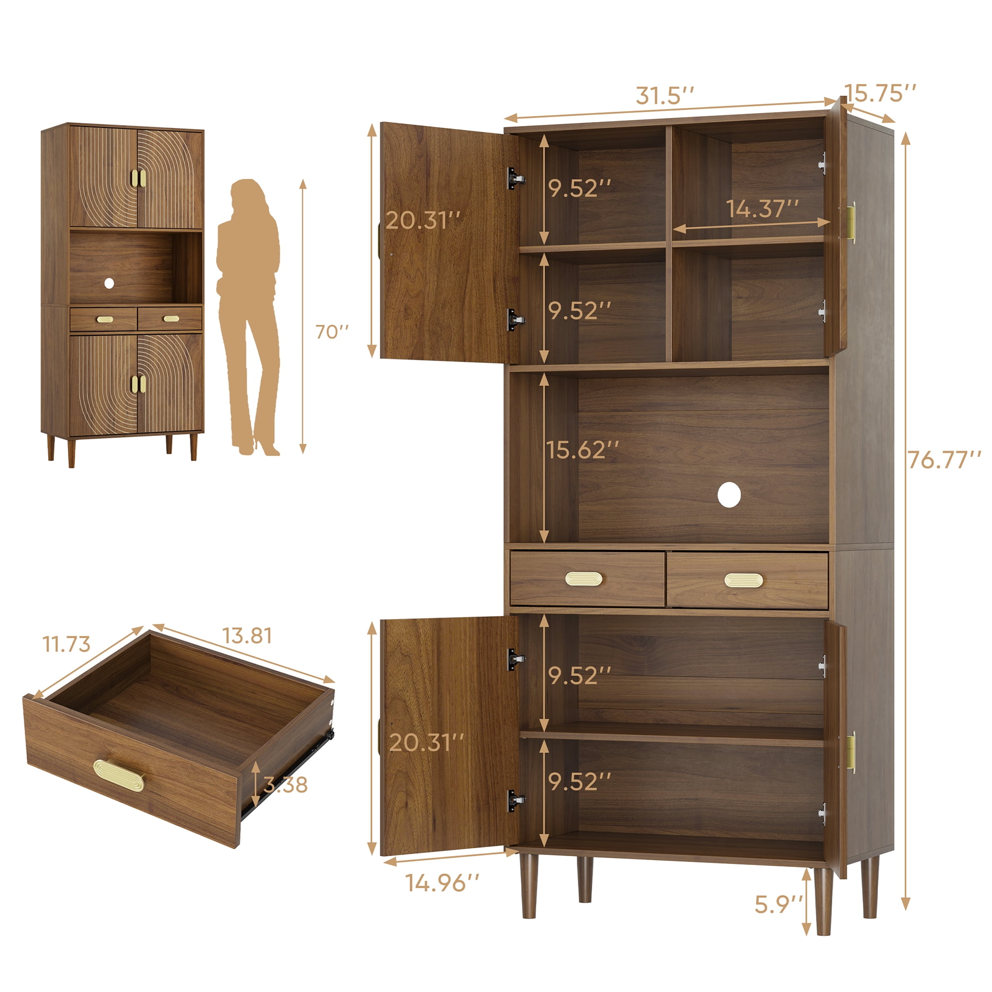 Semiocthome Pantry Storage Cabinet with Line Groove Design and Microwave Stand, Kitchen, Walnut