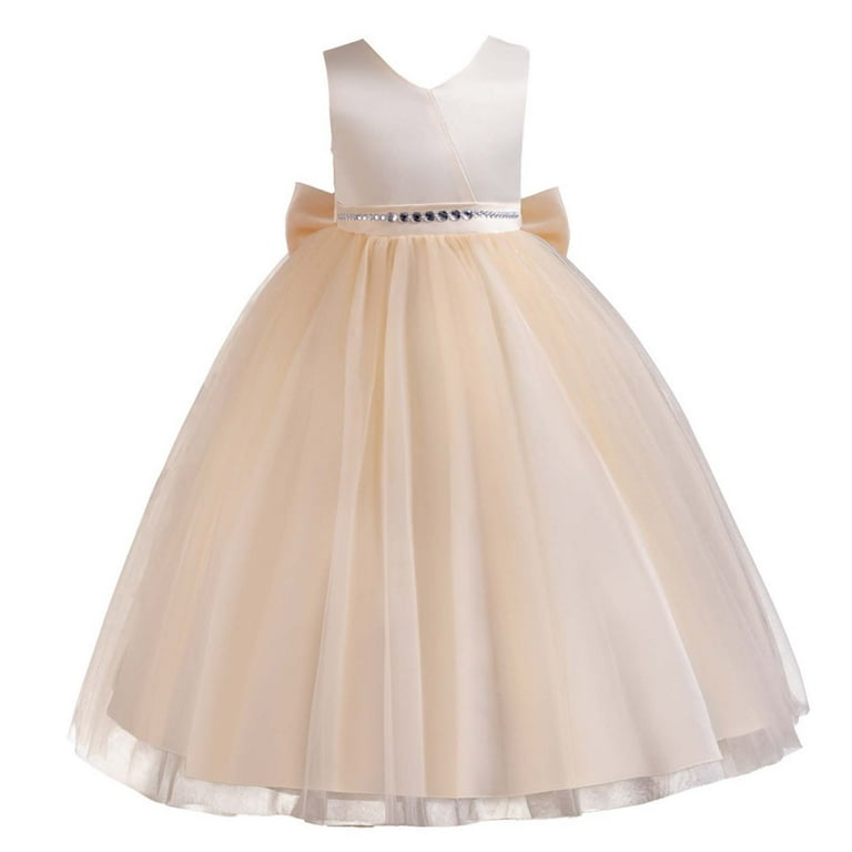 Nrmvnmi Children Netting Princess Dress Girl Bowknot Puffy Gown Dress Beige-6-7Years  - Walmart.com
