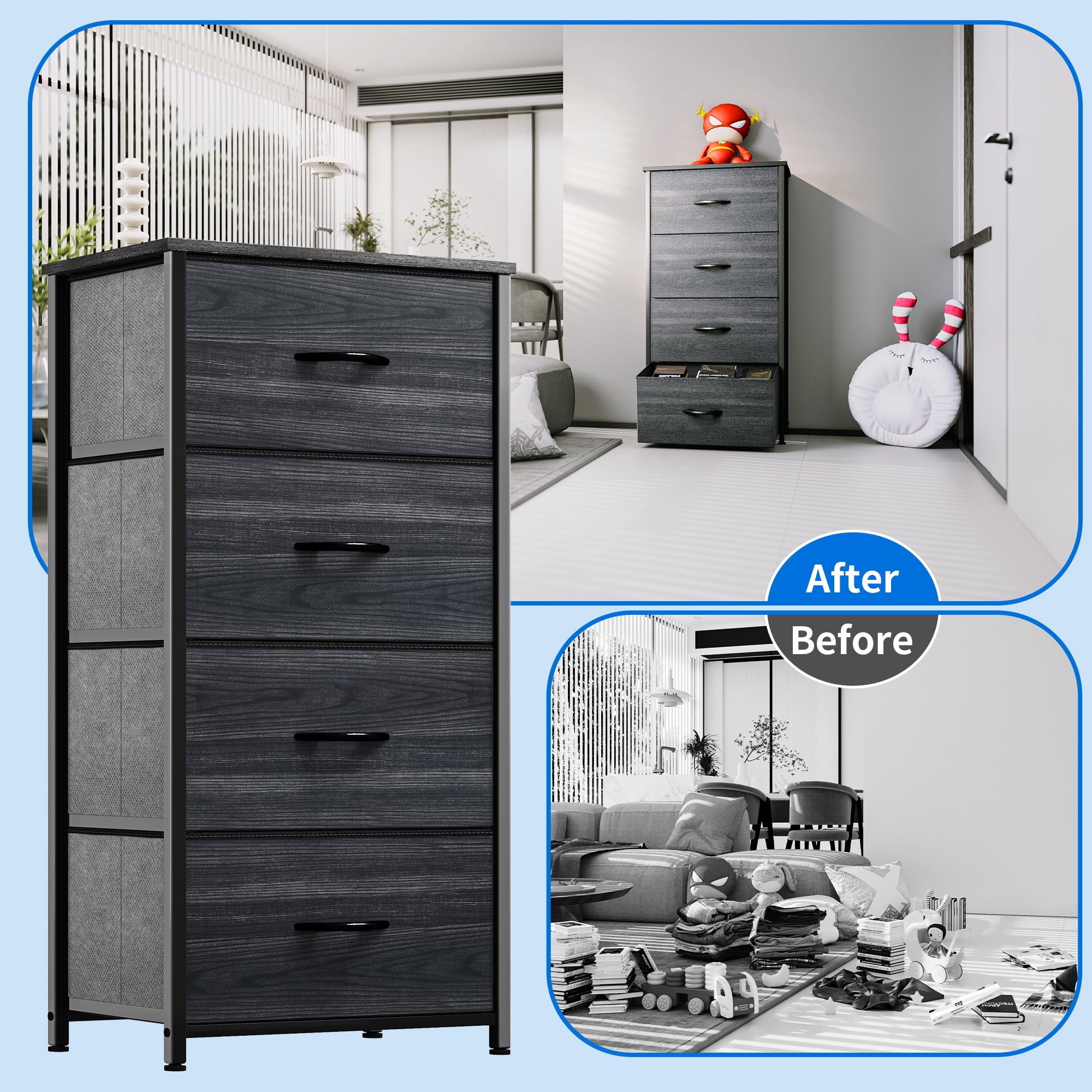 Uforic 4-Drawer Dresser, Organizer Unit for Adult for Bedroom, Living Room, Charcoal Black
