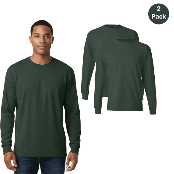 Hanes Men's Beefy-T Long Sleeve Crew Neck T-Shirt, 100% Cotton, Deep Forest, Size S, 2-pack