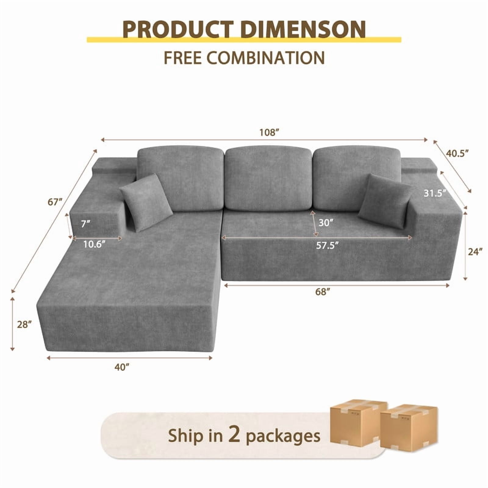 Homall 108" Cloud Sectional Sofa, Boneless Couch with L-Shape Chaise, Modular Couch with Deep Seat, No installation for Living Room & Apartment, Chenille Grey