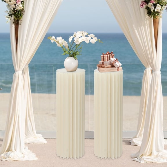 2* Cardboard Flower Stands, Cylinder Flowers Stand, 2-piece Foldable Cardboard Centerpiece Display, Modern White Columns Display