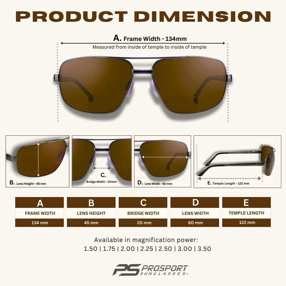 proSPORT Polarized Bifocal Sunglass Reader Aviator Gunmetal Brown Lens Men Women with Hard Case