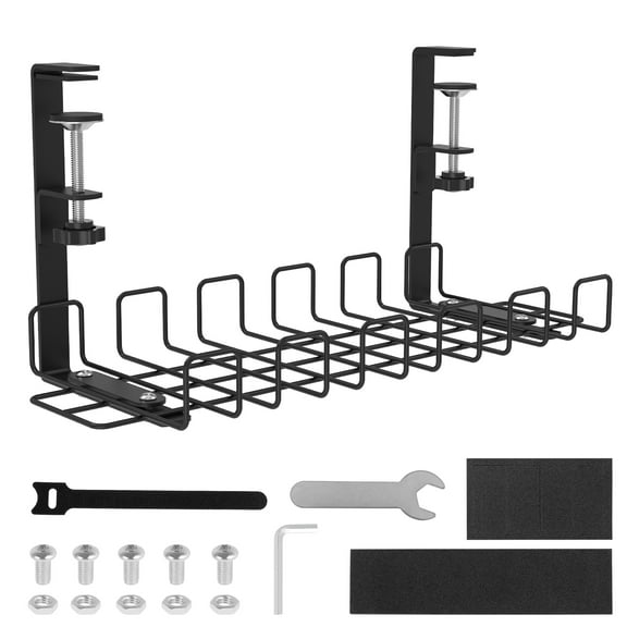 Under Desk Cable Management Tray with Clamps Metal Cord Organizer No Drill Cable Management Rack Sturdy Under Desk Cable Organizer for Wire Management Black