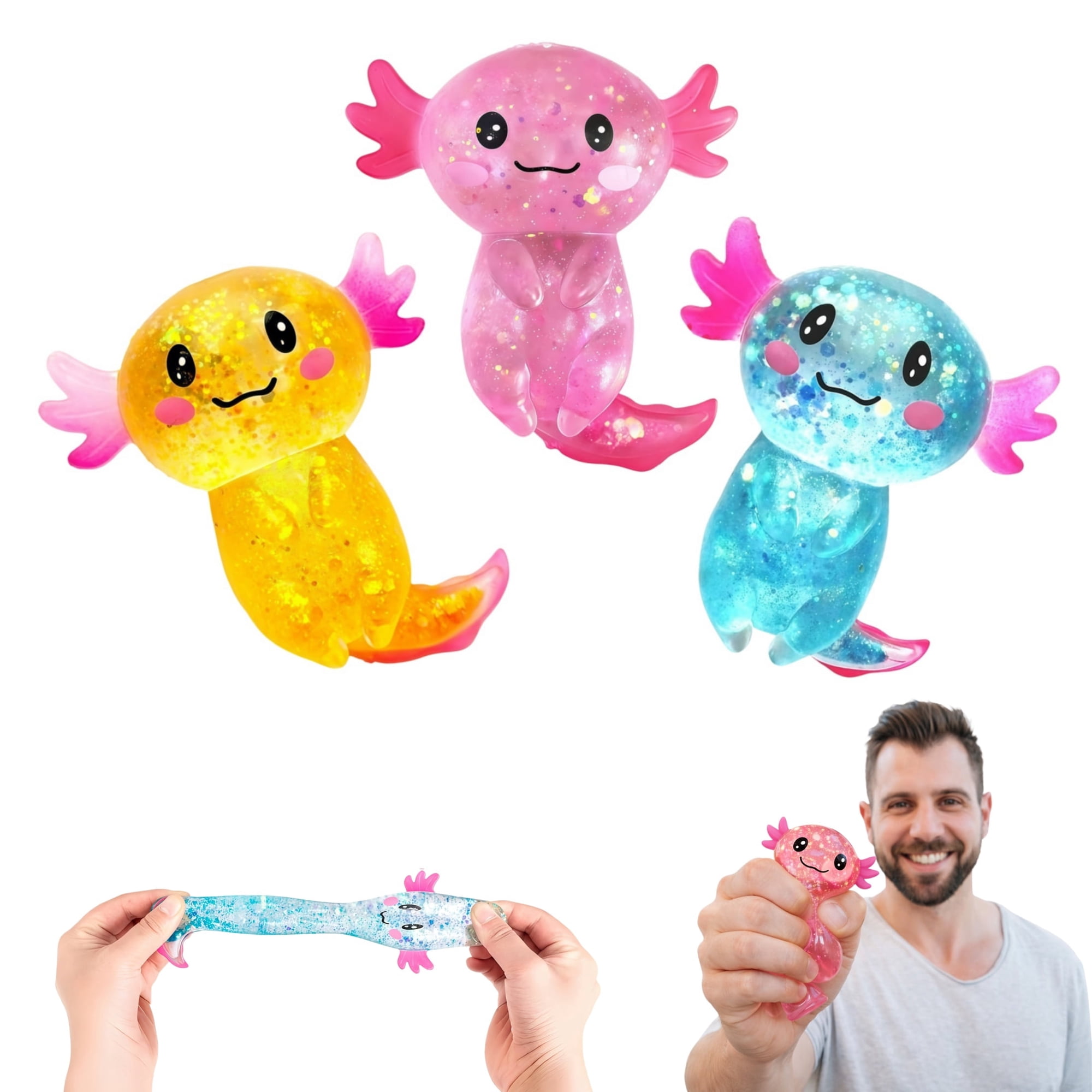 3 Pack Axolotl Squishy Fidget Stress Ball, Soft Foam Squishies for Stress Relief, Anxiety Fidgets, Sensory Squeeze Gift Idea