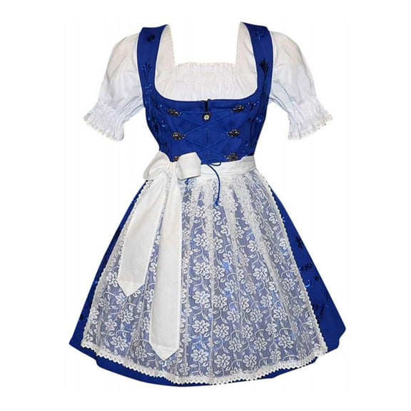 Dirndl Trachten Haus 3 Piece Short German Oktoberfest Dirndl Cotton Dress for Womens and Girls - Blue