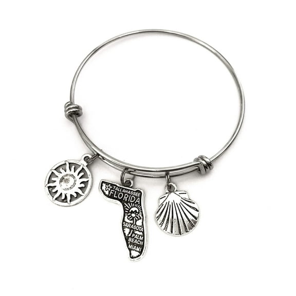 Florida theme bracelet. Includes State of Florida, a Sun for the Sunshine State, and seashell. Perfect Floridian gift. I love Florida Bangle