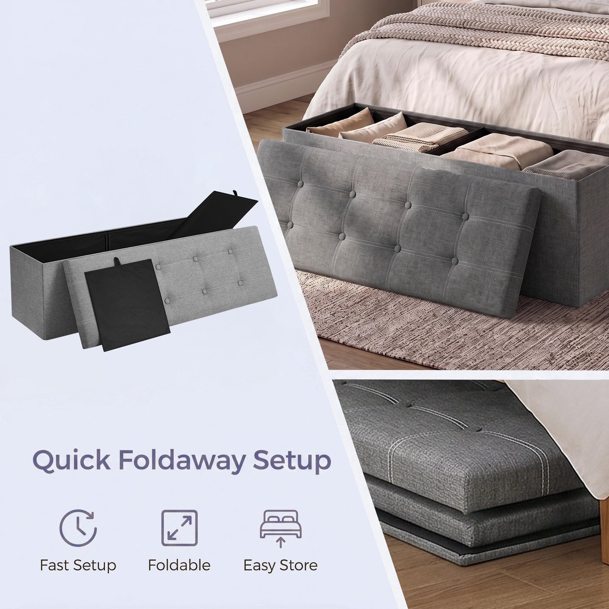 Ledrem 43" Foldable Storage Ottoman Bench, Multi-Functional Seating, Light Gray