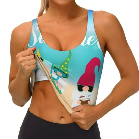 Qokaie Hello Summer Gnome 1 Pattern Womens Scoop Neck Sports Bra Breathable Workout Vest Padded U Back Medium Impact Fitness Gym Yoga Bra Workout Crop Top