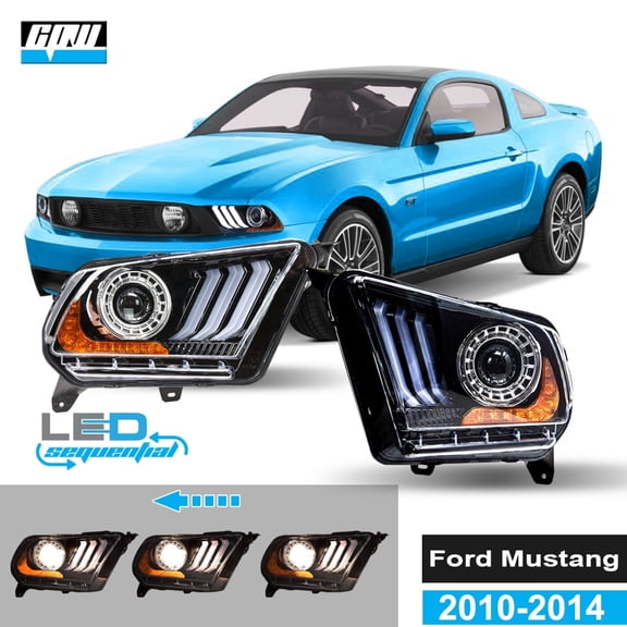 CPW LED Projector Headlights for 2010 2011 2012 Ford Mustang, Sequential Turn Signal Lights Head Lights Assembly Replacement Set(S550 Style LED DRL)