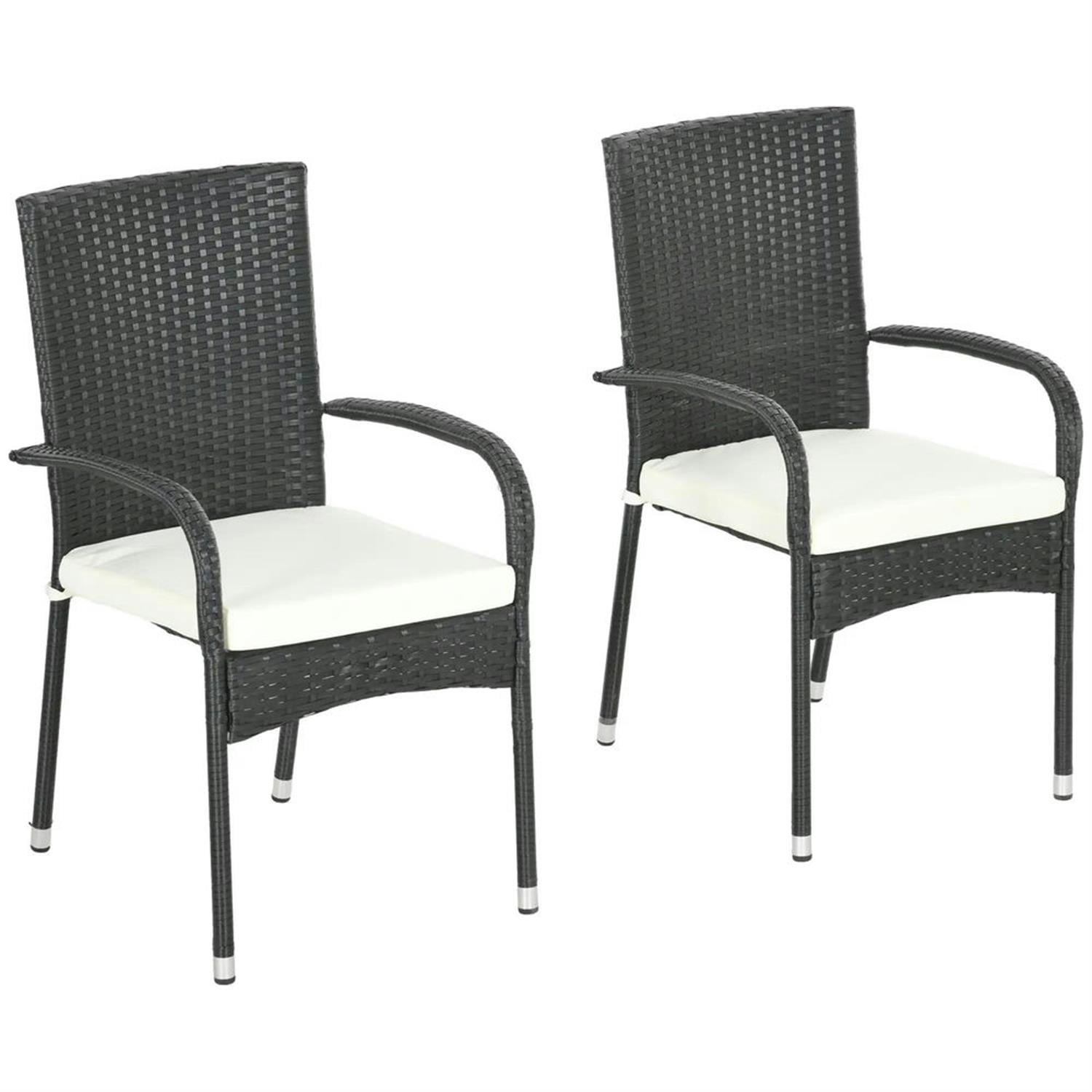 Demi Bonn Outdoor Dining Chairs Set of 2 with Armrests & Backrest, Stackable PE Rattan Patio Dining Room Chairs with Cushion for Garden, Backyard, Lawn, Black