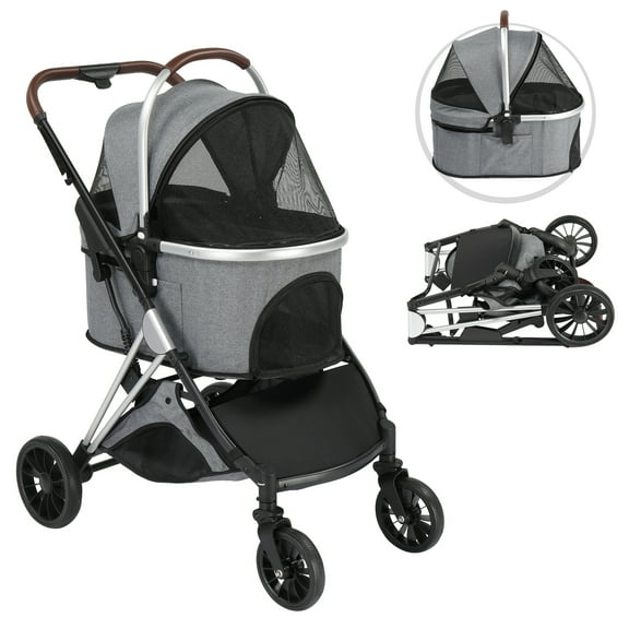 3 in 1 Pet Stroller Folding Lightweight Dog Stroller with Detachable Carrier Storage Basket 4 Wheels Travel Stroller for Puppies Doggies Kitties Grey192