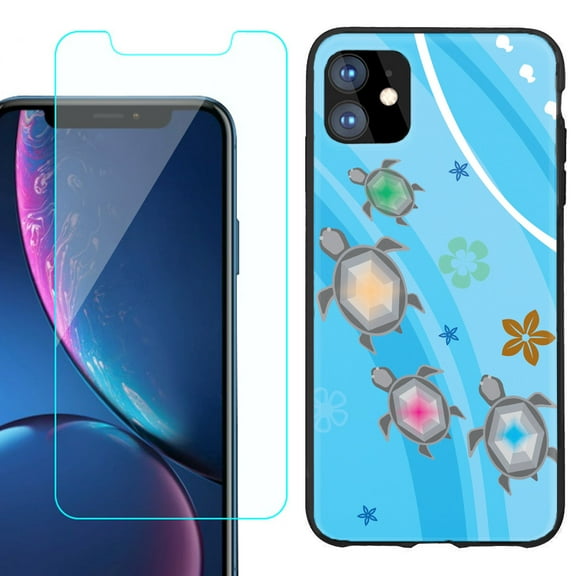 For Apple iPhone 11 Phone Case , Slim-Fit TPU Protective Case (Black), with Tempered Glass Screen Protector, by OneToughShield ® - Happy Turtle