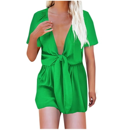 

Jumpsuit for Women Short Sleeve Plunge V Neck Tie Waist Summer Short Bodysuit Elegant Loose Jumpsuits and Rompers
