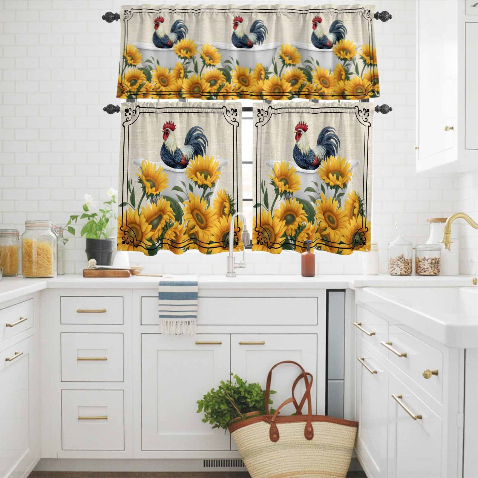 Farmhouse Kitchen Curtains Valances 3 Piece Set, Chicken in Bathtub Sunflowers Retro Border Linen Rod Pocket Tier Curtain and Valance Drapes for Small Window 24 Inch Length for Bedroom Cafe